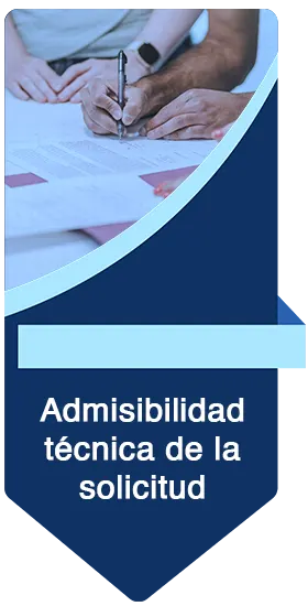 Banner con dos personas , una firmando un documento con un pie de pagina de color azul con la lectura: Admisibilidad técnica de la solicitud